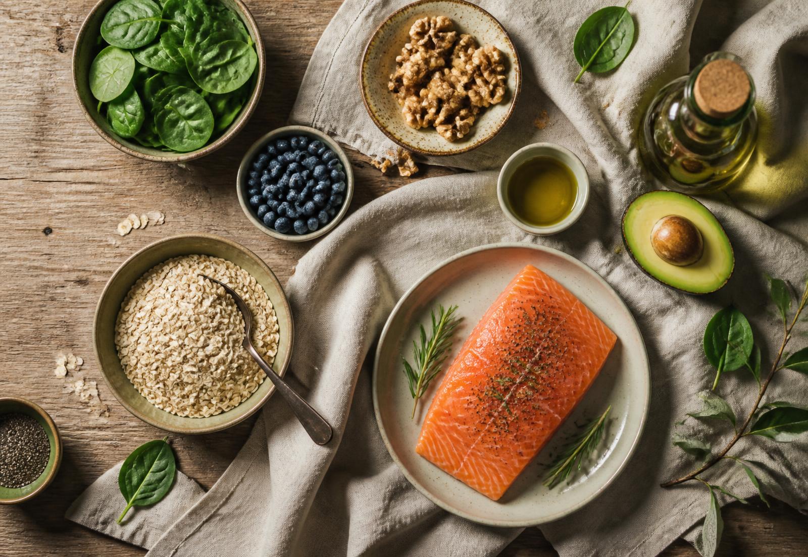 Oats, walnuts, berries, olive oil, avocado, spinach and salmon arranged on a wooden table